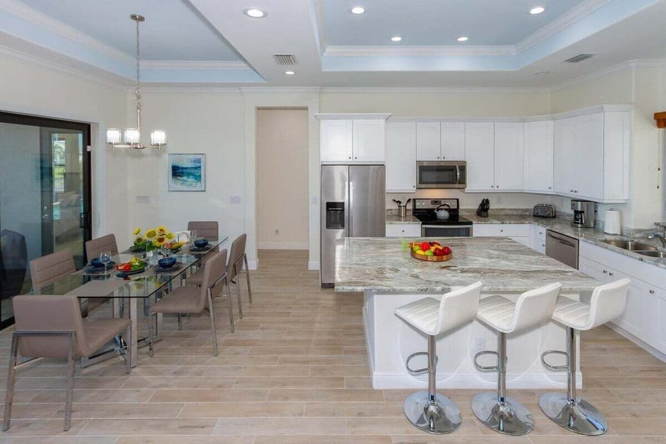 The kitchen features a rare exotic granite