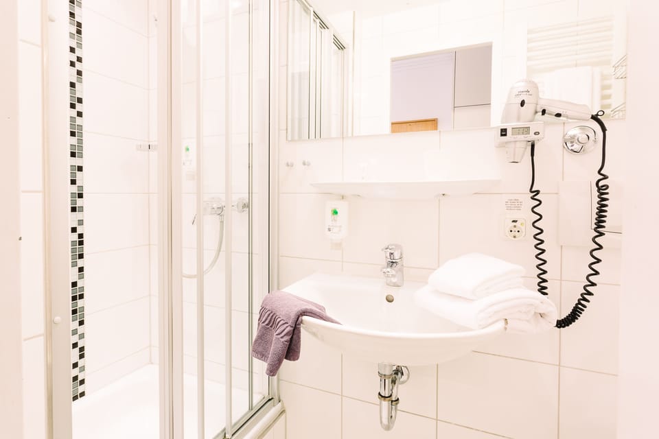 Shower, free toiletries, hair dryer