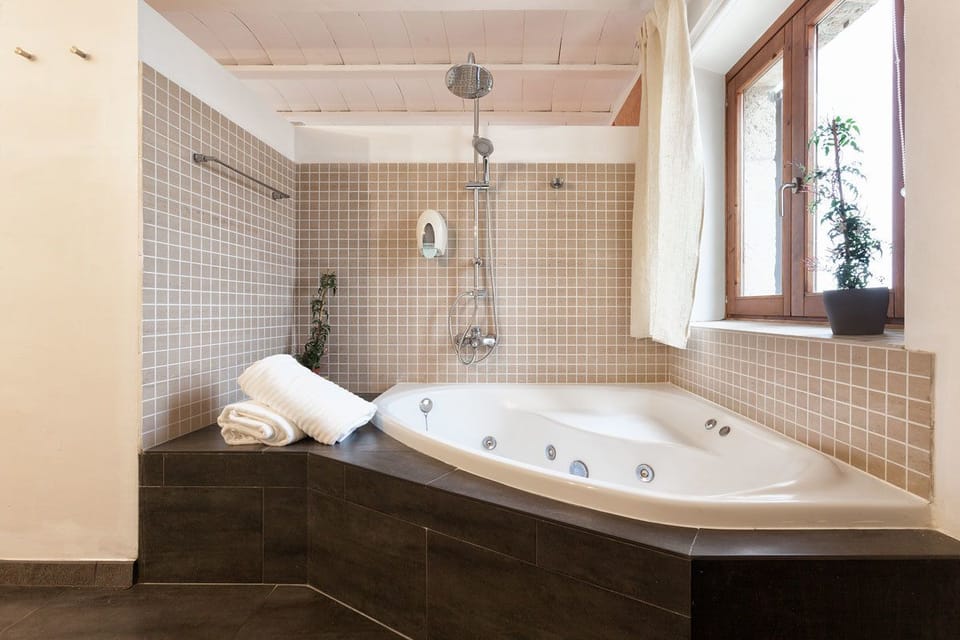 Shower, free toiletries, slippers, towels
