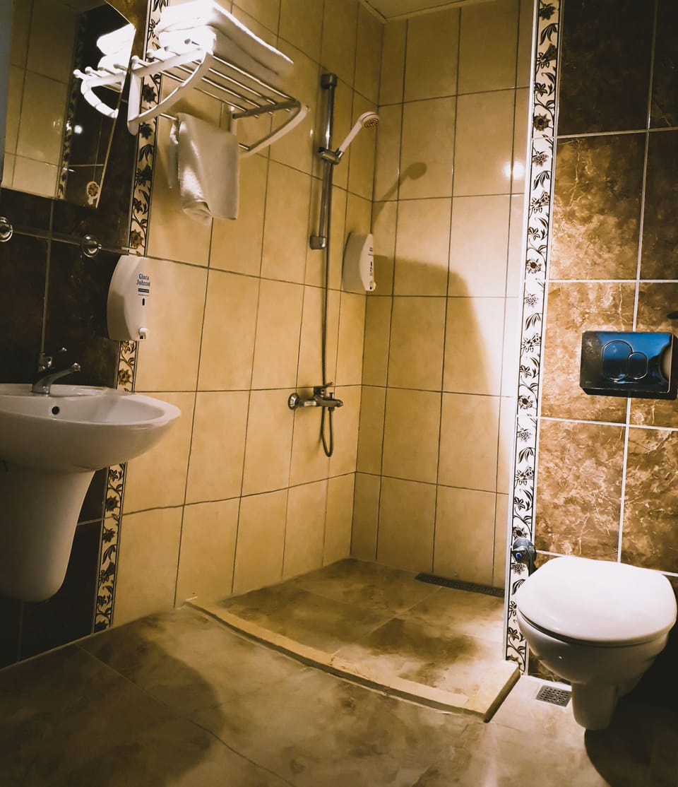 Shower, hydromassage showerhead, free toiletries, hair dryer
