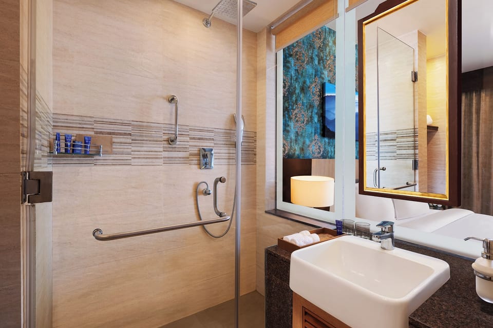 Shower, free toiletries, hair dryer, bathrobes