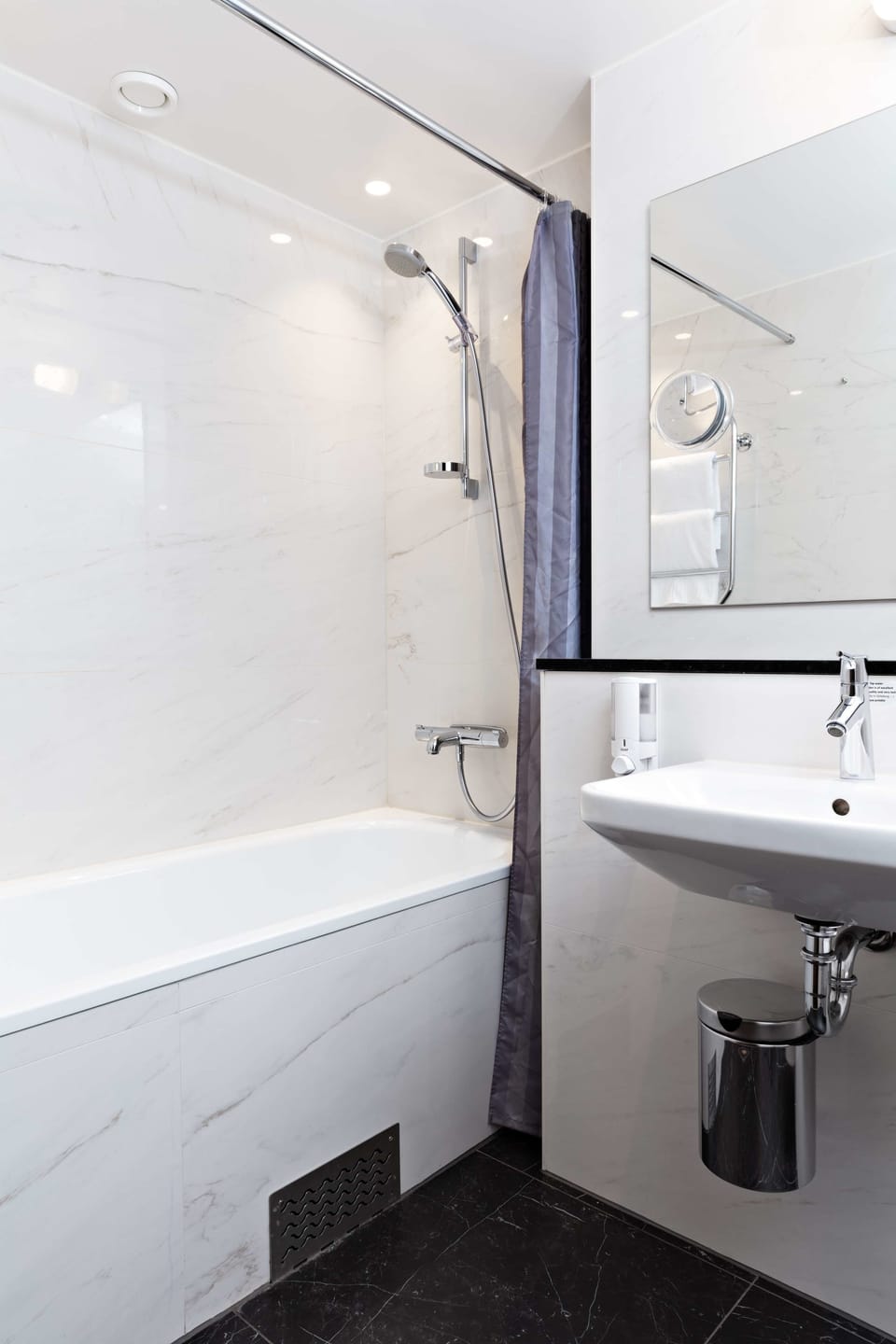 Hair dryer, heated floors, towels, soap