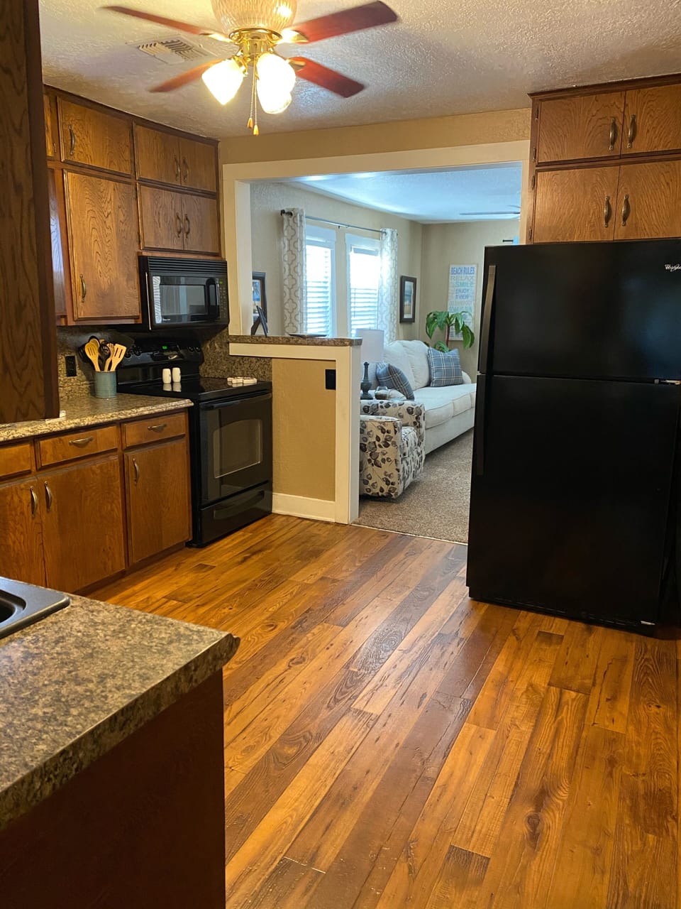Looking thru kitchen to living room