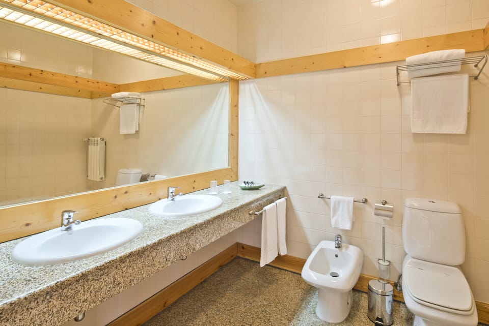Combined shower/tub, free toiletries, hair dryer, bidet