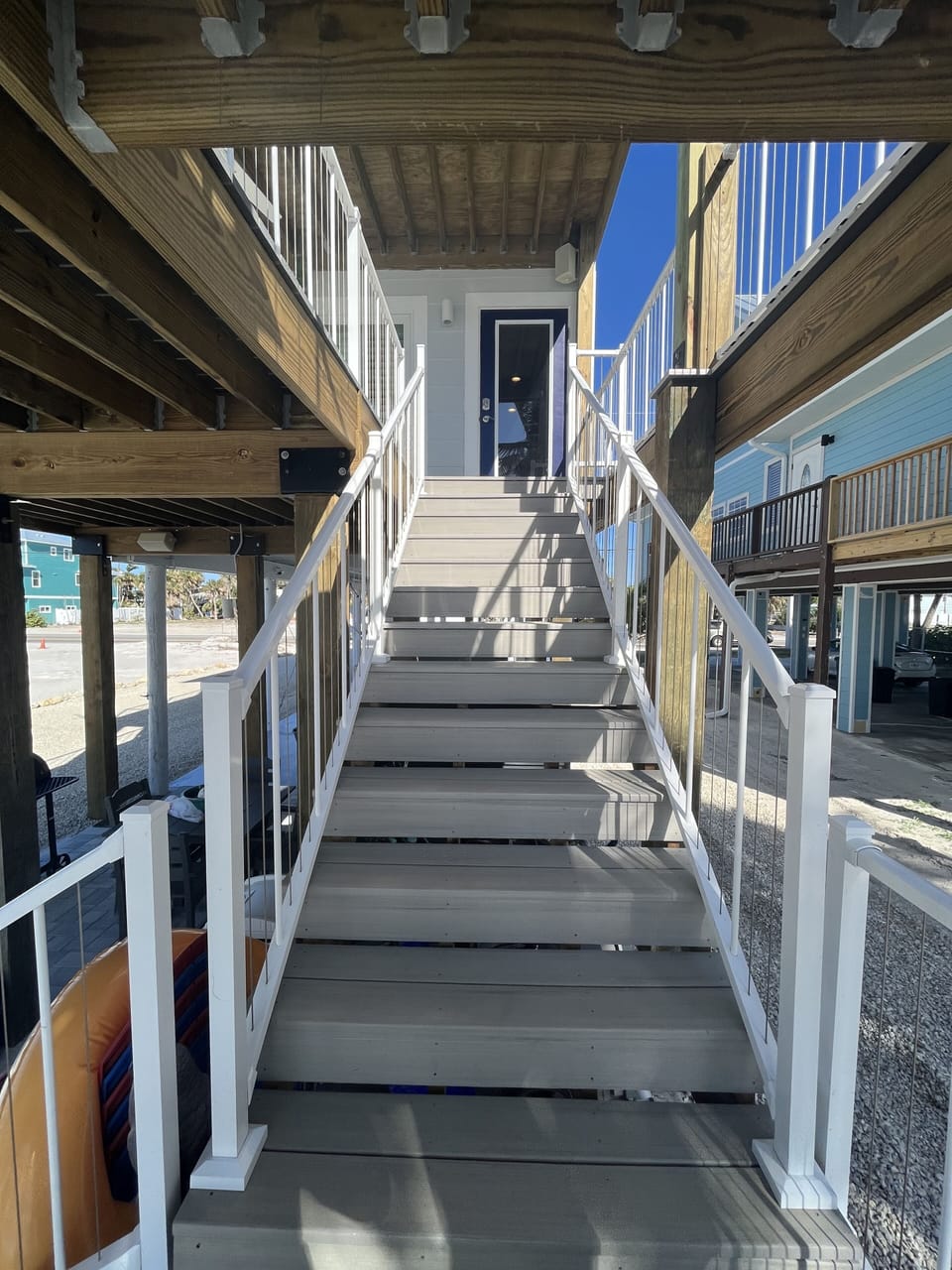 Extra wide stair leading to deck