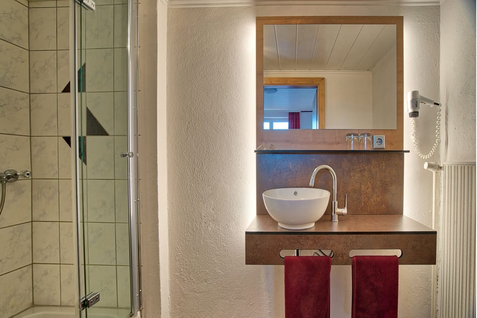 Doppelzimmer | Bathroom | Shower, free toiletries, hair dryer, towels