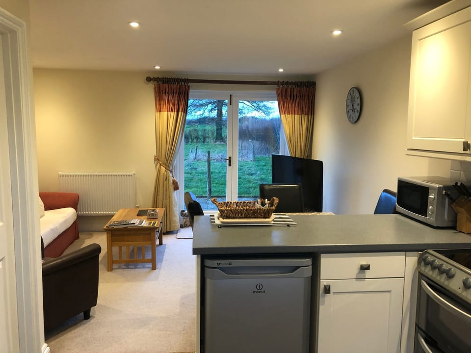 Open-plan living area with French doors onto patio