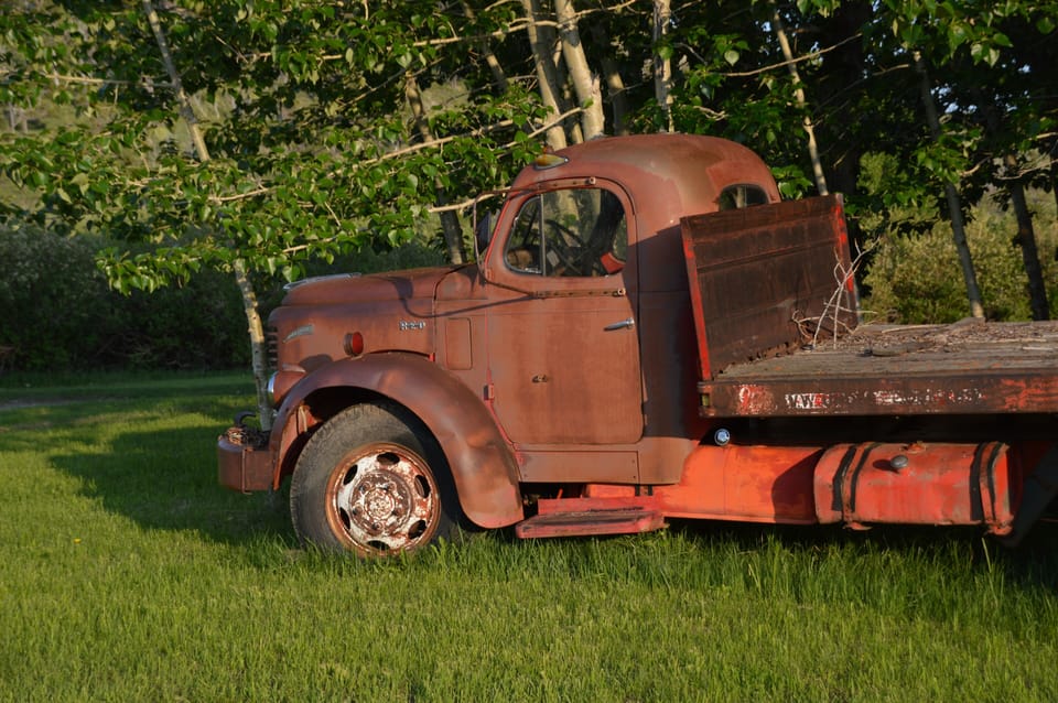 Vintage truck in ranch yard.