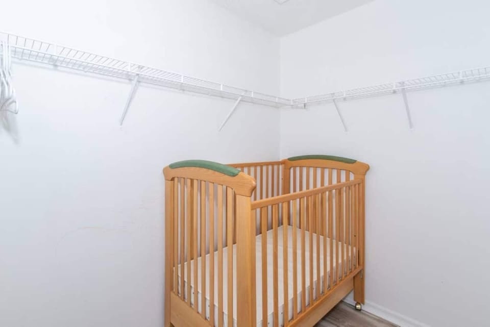 We offer one crib upstairs in the large master bedroom Little Mermaid Room closet! We also have two pack and plays you can put in any room!