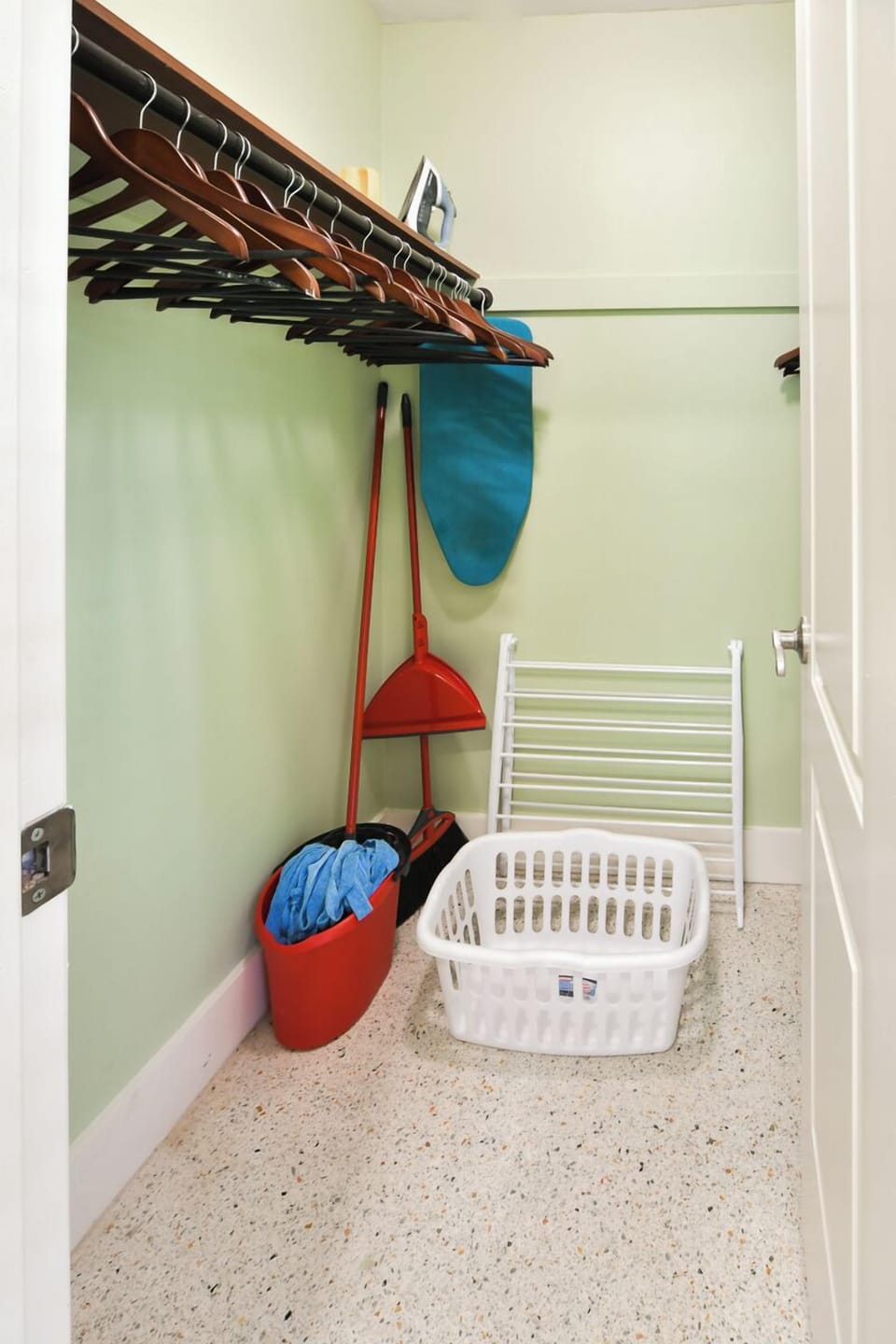 Closet with Iron, Ironing Board, Laundry Basket, Clothes Rack