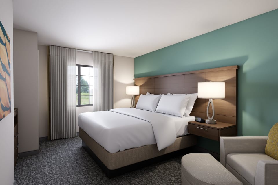 Suite, 1 Bedroom, Accessible, Non Smoking (Comm, Roll Shwr, Kitchen) | Premium bedding, desk, laptop workspace, blackout drapes