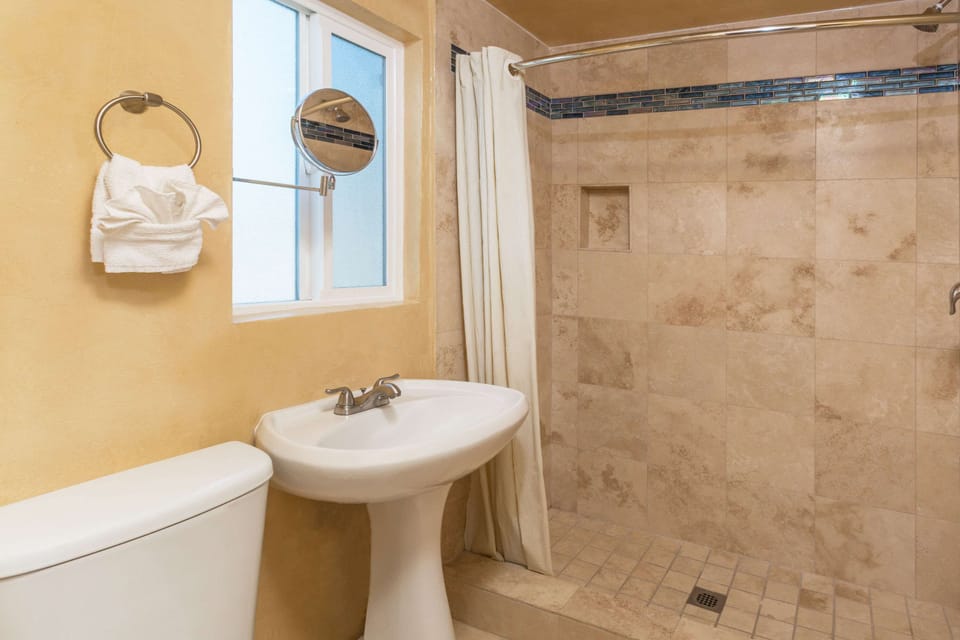 Combined shower/tub, free toiletries, hair dryer, towels