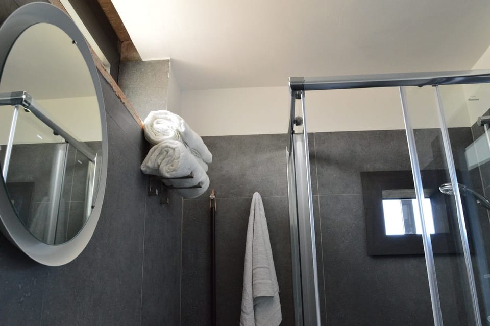 Shower, hair dryer, bathrobes, towels