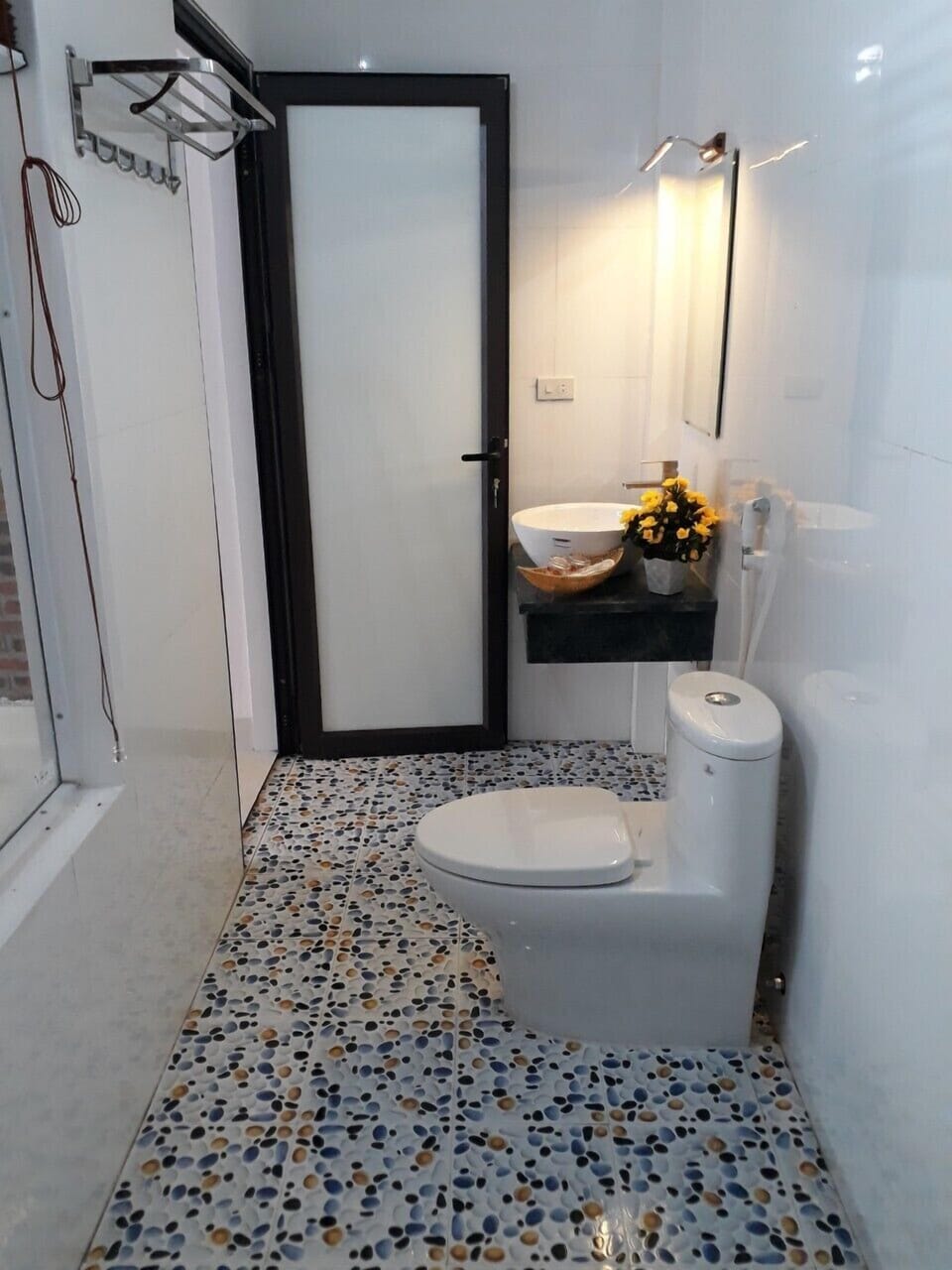 Shower, hydromassage showerhead, designer toiletries, hair dryer