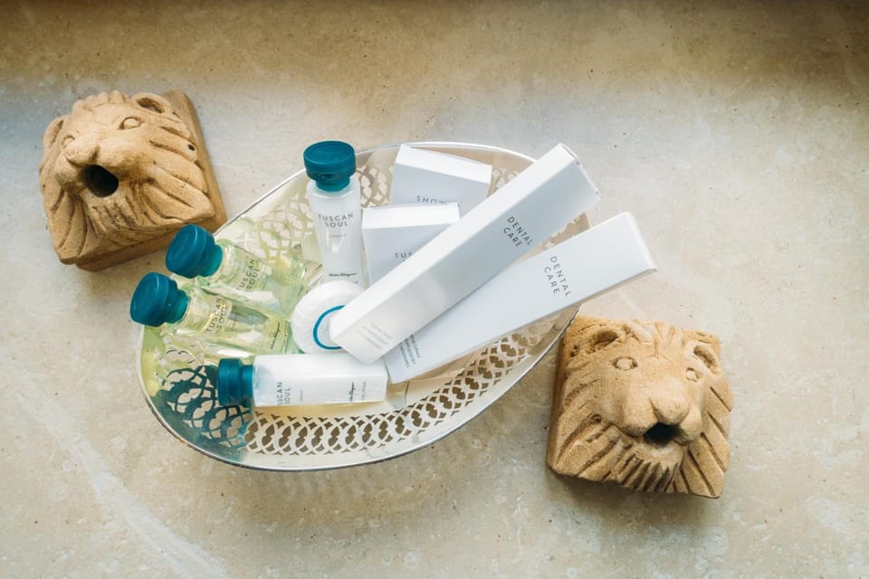 Shower, rainfall showerhead, free toiletries, hair dryer