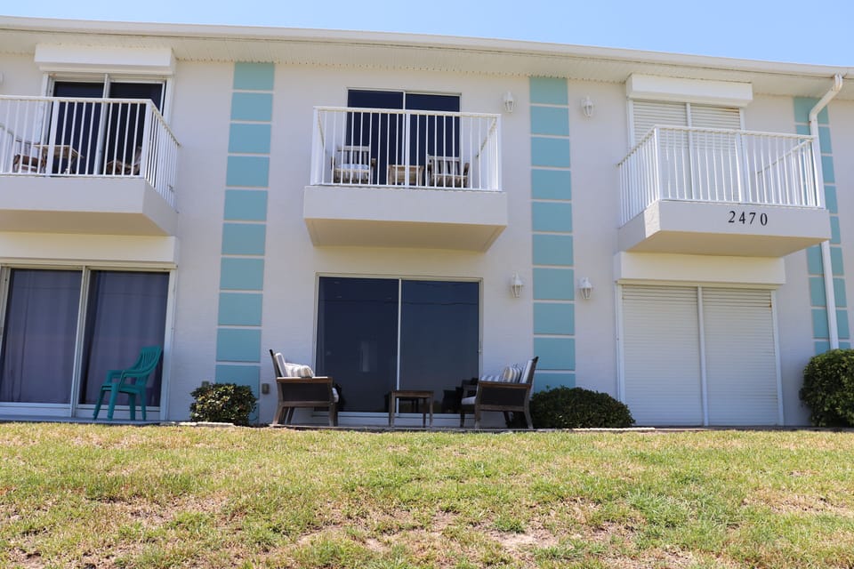 Balcony and deck looking out t ocean