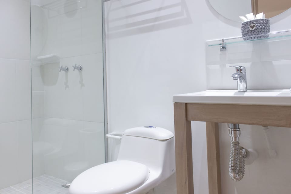 Shower, rainfall showerhead, free toiletries, hair dryer (on request)