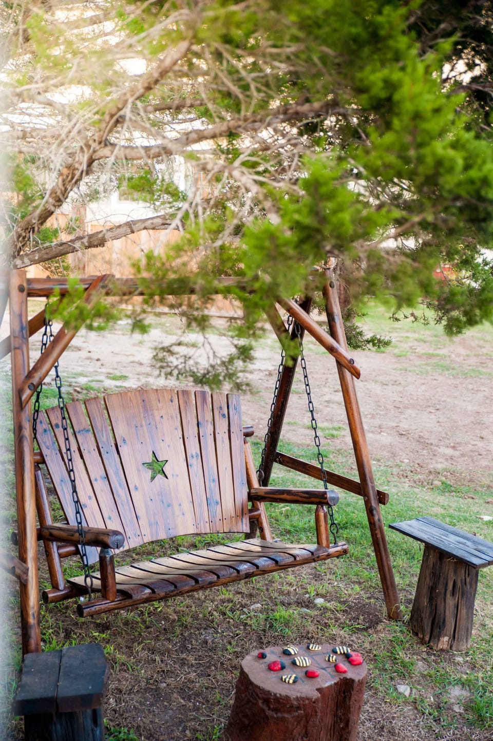 Swings and seating in the common spaces.