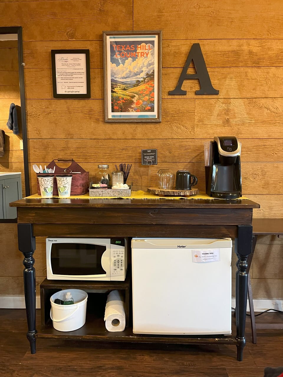 Your fully-stocked Coffee Bar. A mini-fridge, and microwave, too!