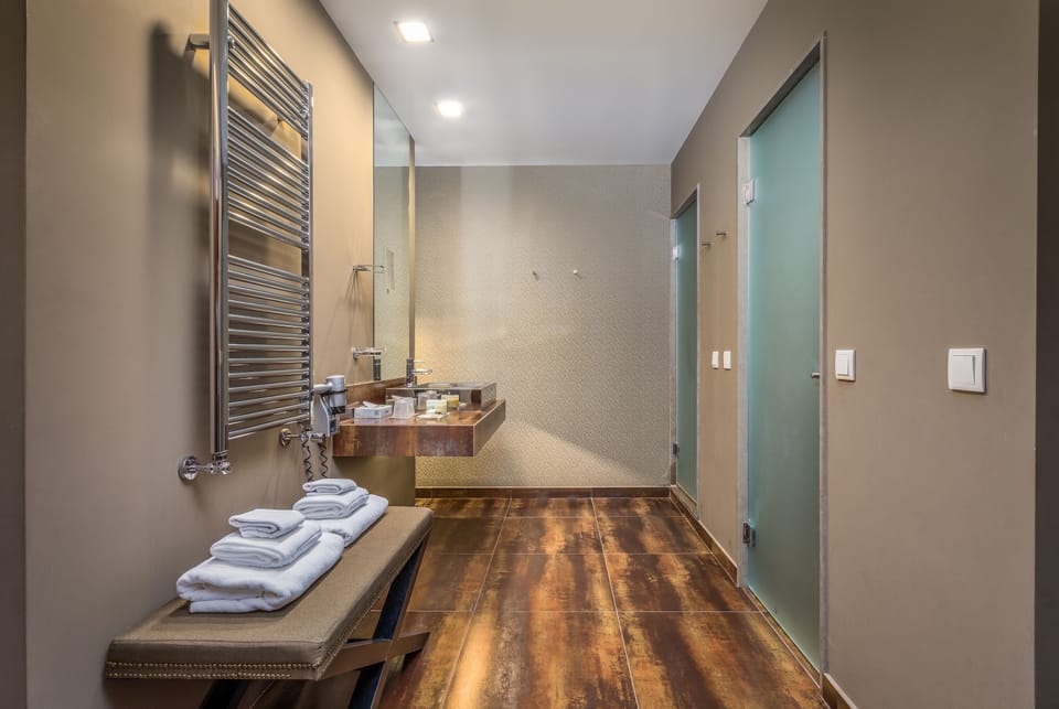 Shower, free toiletries, hair dryer, bathrobes
