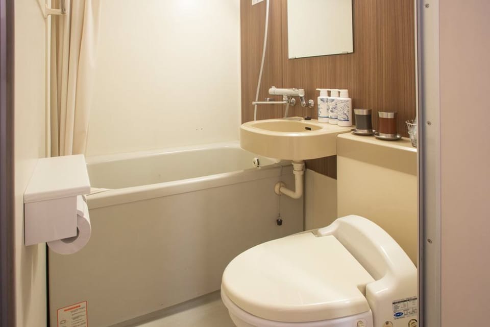 Combined shower/tub, deep soaking tub, free toiletries, hair dryer