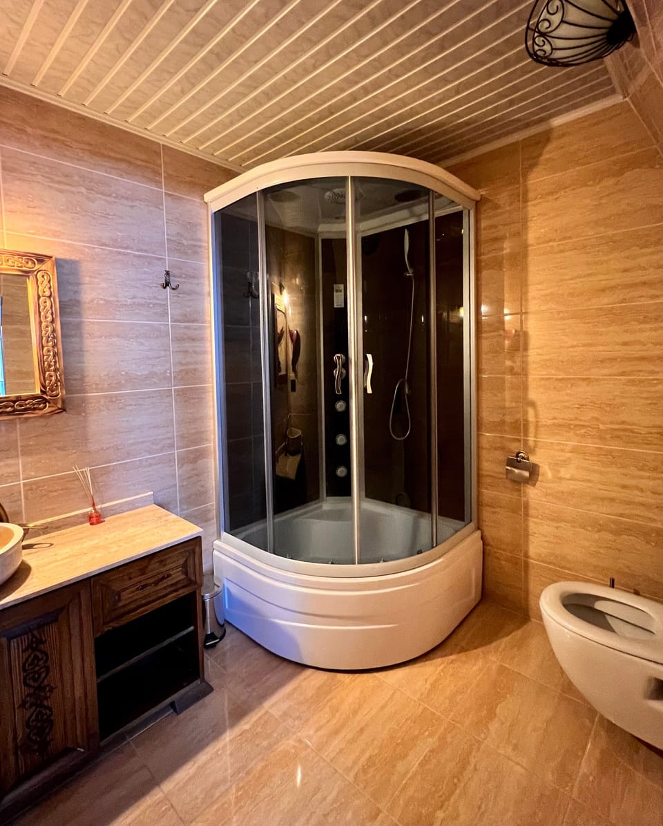 Shower, free toiletries, hair dryer, slippers