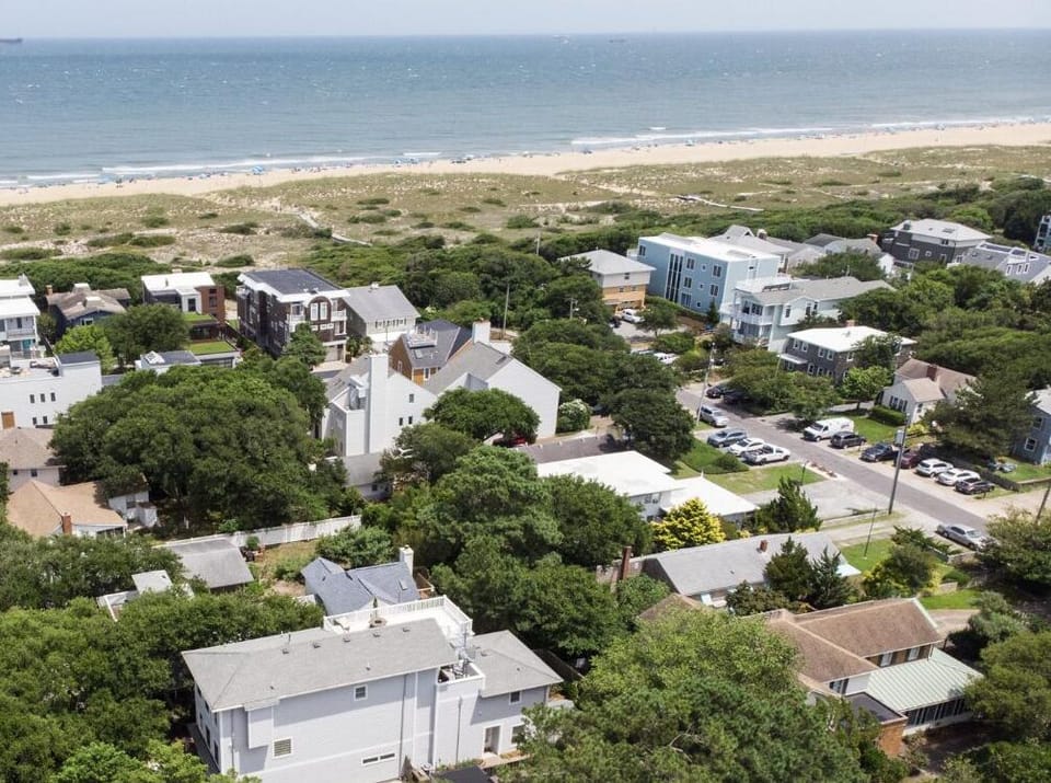 short walk to the beach down quiet tree lined street and few cars