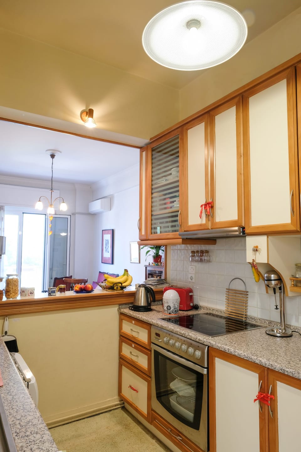 Very well equipped kitchen with everything one may need in the cupboards.