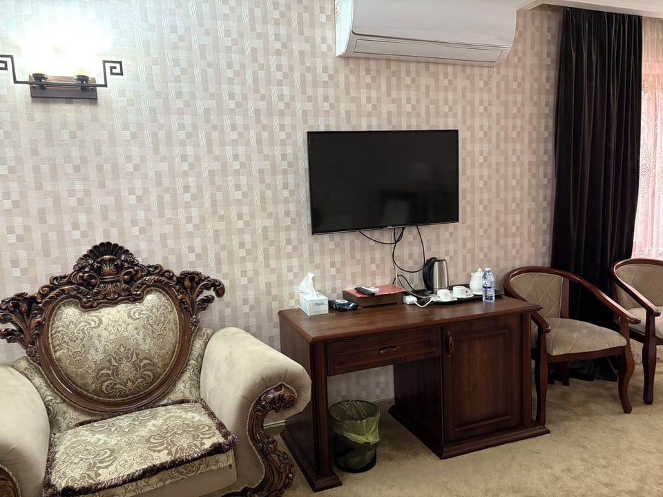 Desk, soundproofing, iron/ironing board (on request), WiFi (free)