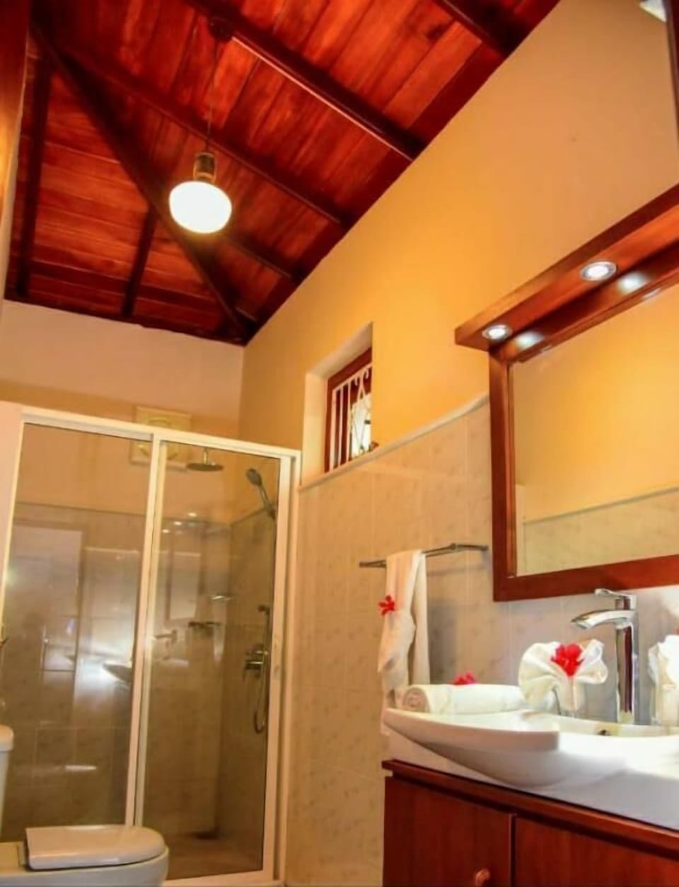 Shower, rainfall showerhead, free toiletries, hair dryer