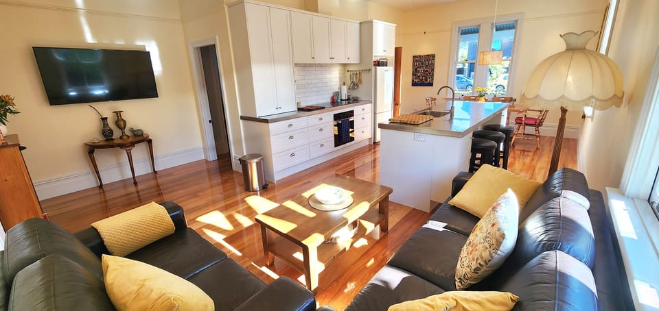 Lounge with comfty leather couches, extra large 56 inch TV with Netflix...