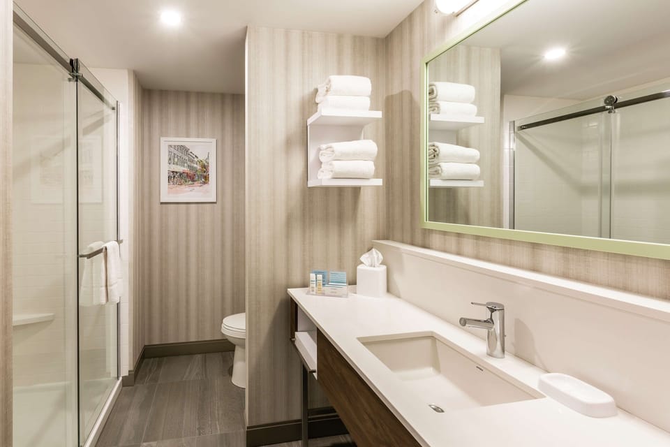 Combined shower/tub, free toiletries, hair dryer, towels