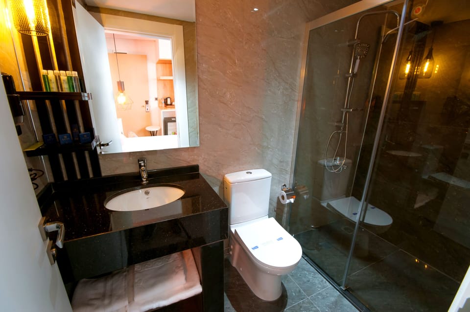Shower, rainfall showerhead, hair dryer, slippers