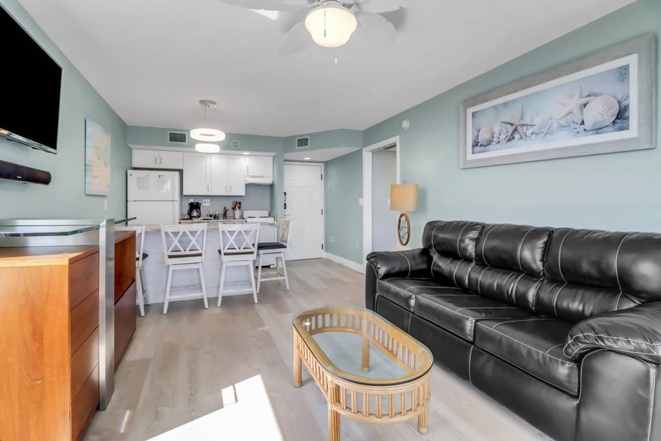 The sleeper sofa opens to a full size bed so additional guests may enjoy the space with you.
