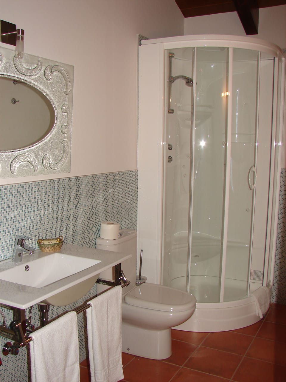 Hair dryer, towels, soap, shampoo