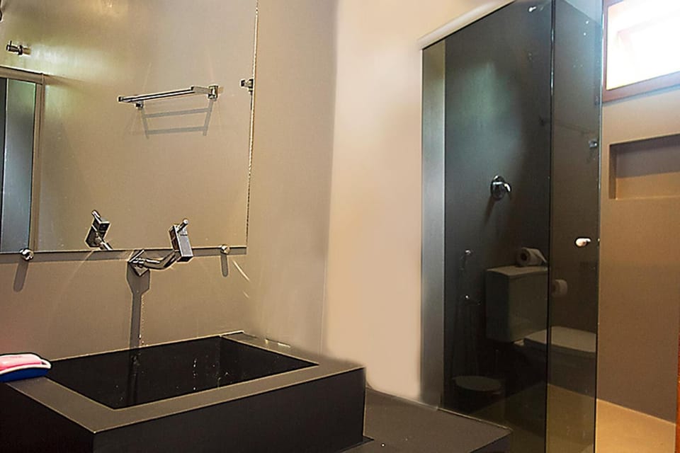 Shower, rainfall showerhead, hair dryer, towels