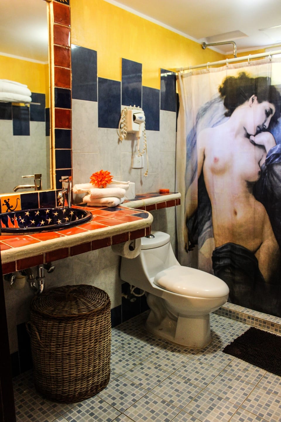 Bathroom is decorated with mexican and cuban items
Viva Maria
