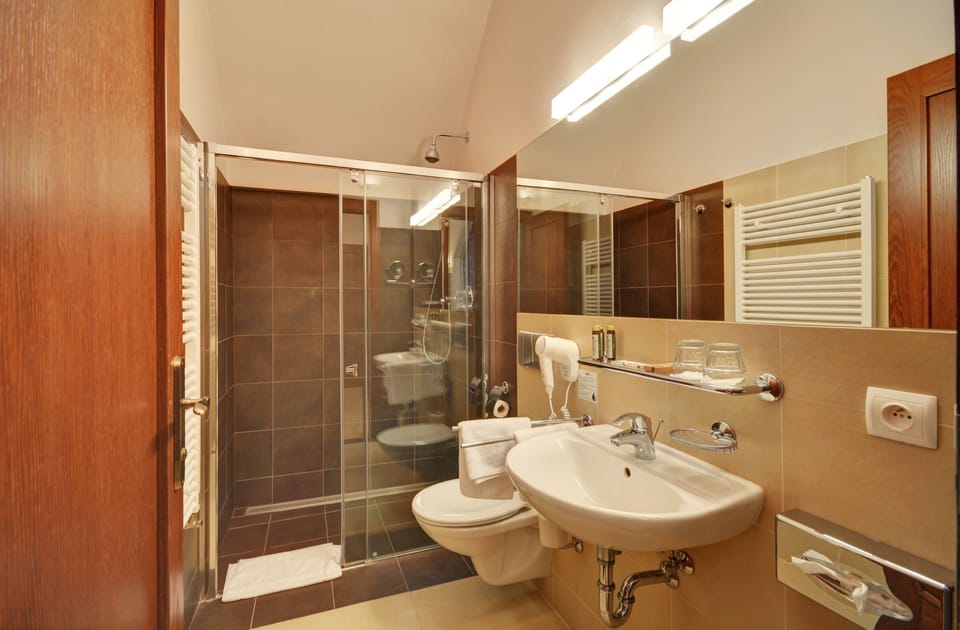Shower, free toiletries, hair dryer, towels