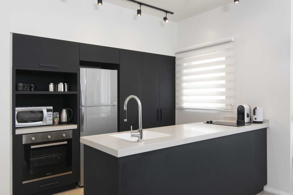 Full-size fridge, oven, stovetop, espresso maker