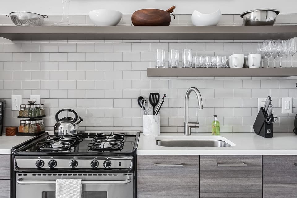 Kitchen sink with nearby oven