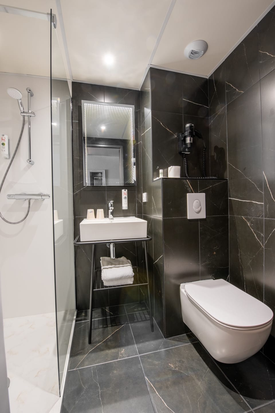Combined shower/tub, free toiletries, hair dryer, towels