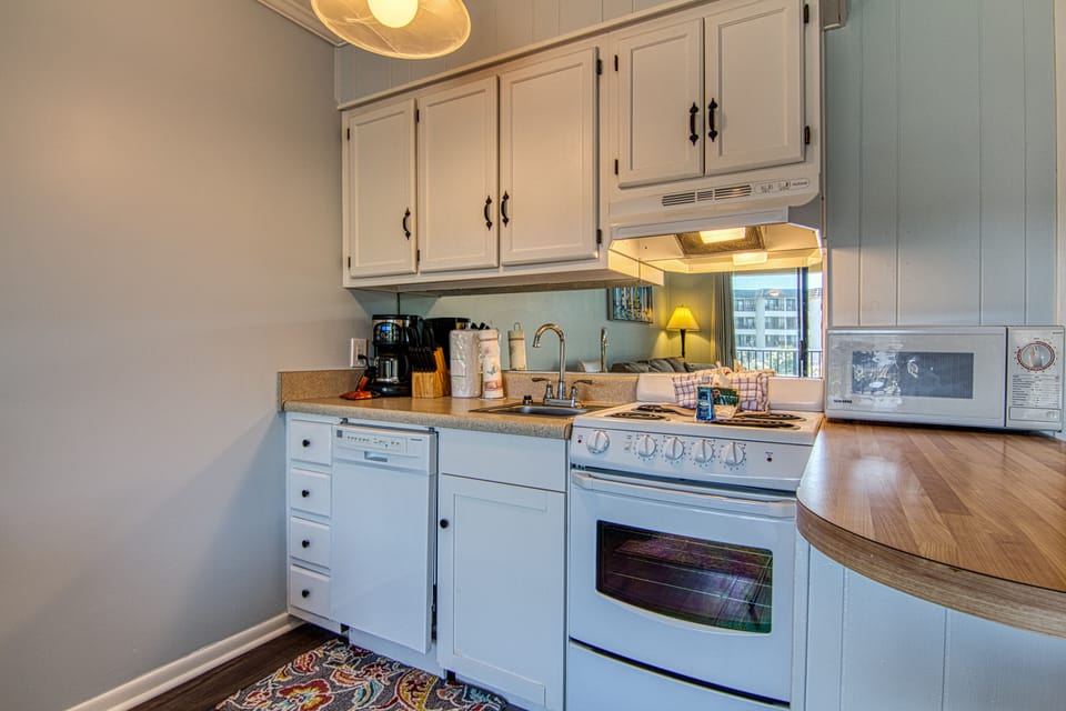 The kitchen is functional and contains all you need for cooking.