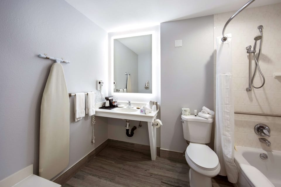 Combined shower/tub, free toiletries, hair dryer, towels