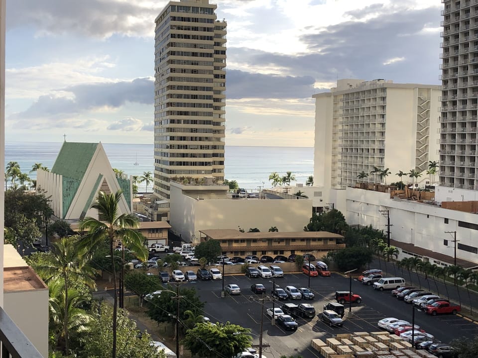 10th floor, view of Waikiki from our lanai just after sunset