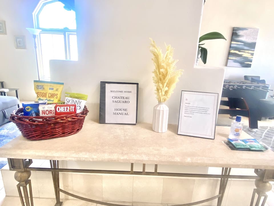 Complimentary gift basket and house manual. 