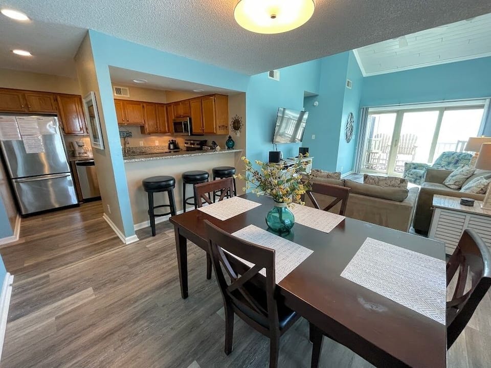 Dining table and bar seating