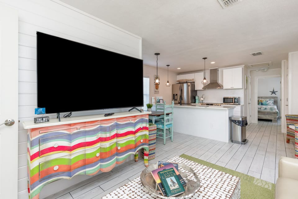 The living room has wireless internet and a smart television.