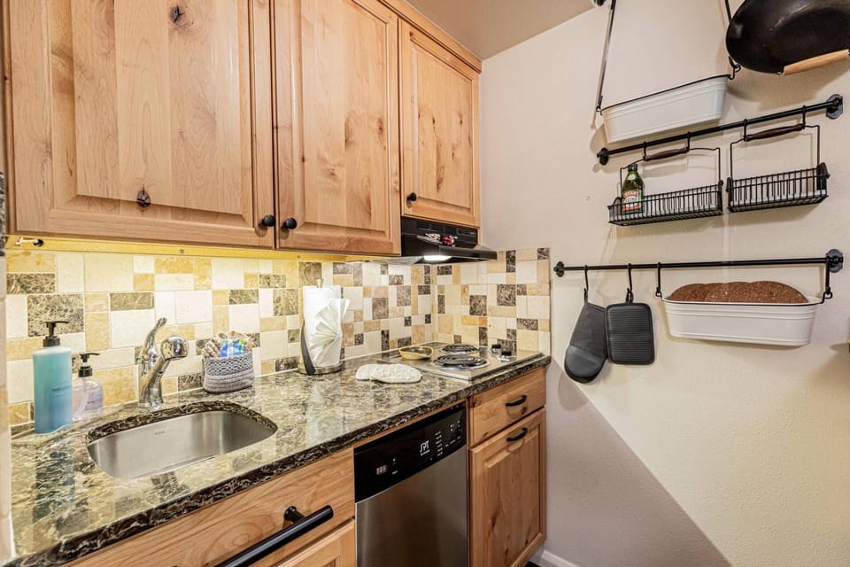 Compact kitchen featuring a two burner stove, dishwasher, and sink—perfect for preparing meals with all the essentials.