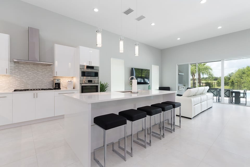 Enjoy a cup of coffee seated at the breakfast bar