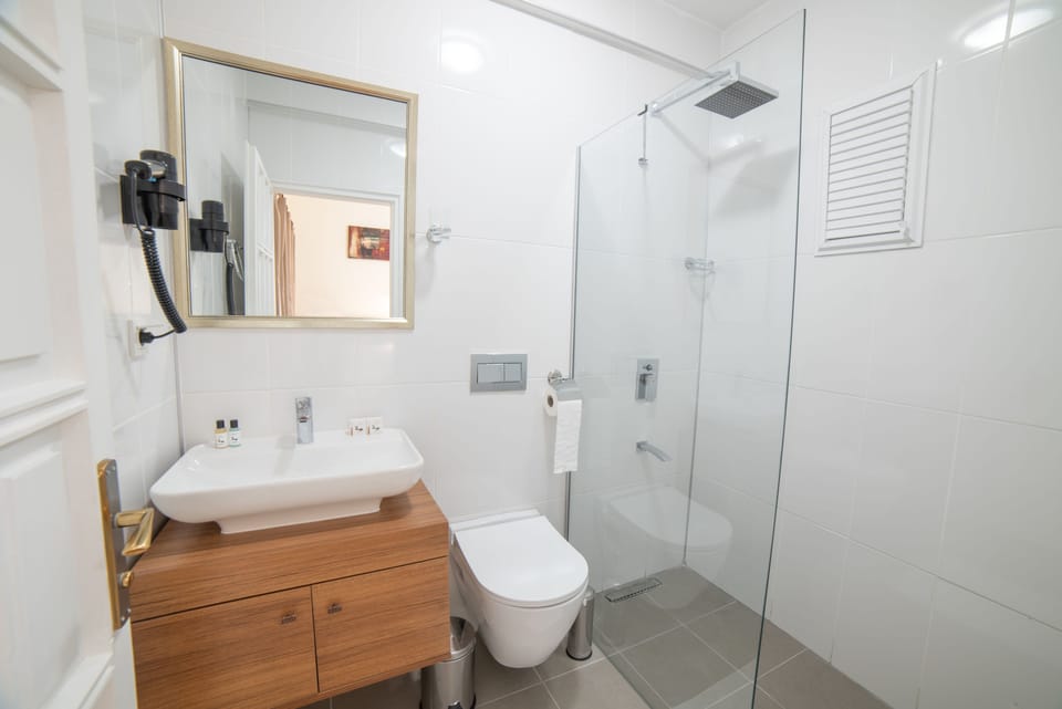 Shower, free toiletries, hair dryer, slippers